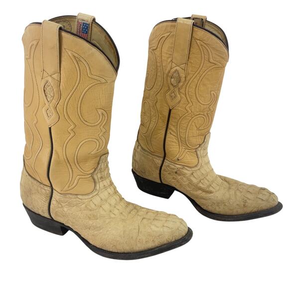 Los Altos Cream Leather Crocodile Vintage USA Western Boots Mens Size 8 Preowned - Picture 1 of 7